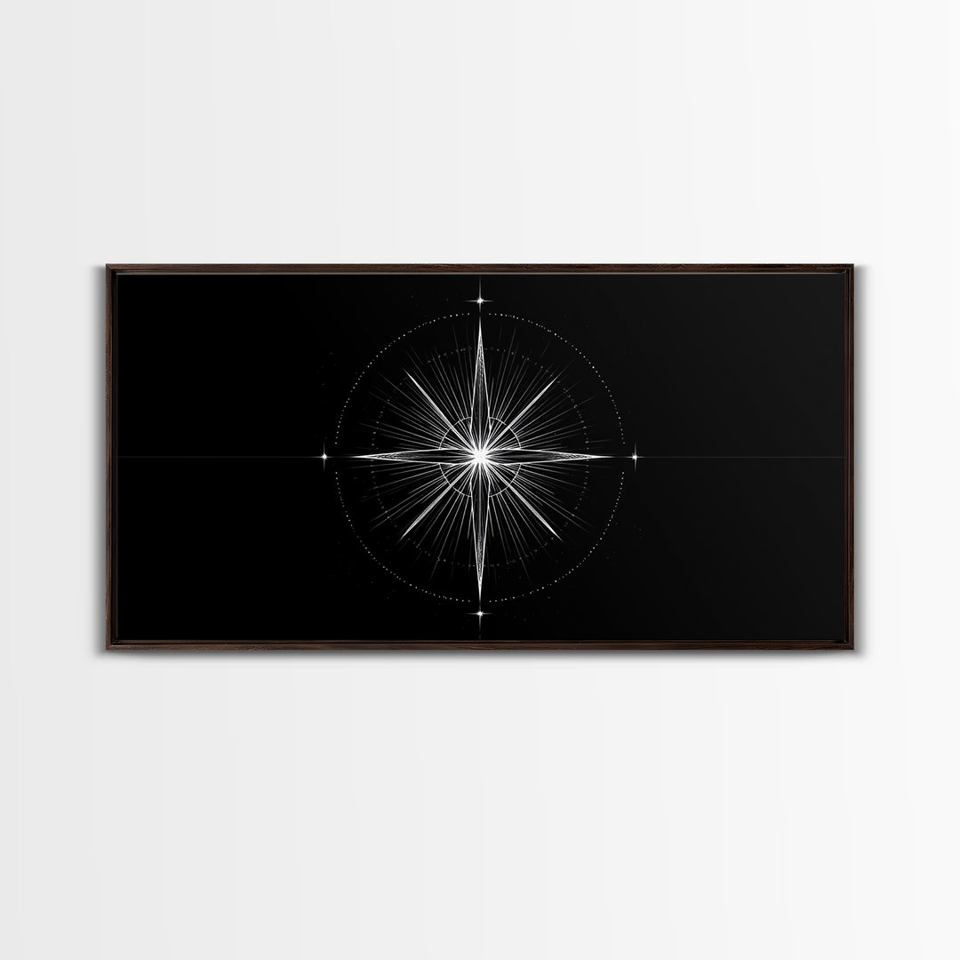 Radiant Compass Star Framed Canvas Print, Black And White Celestial Wall Art, Minimal Geometric Poster, Nautical Decor Gift