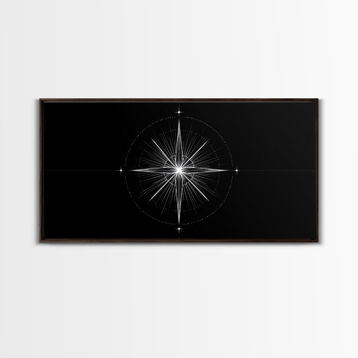 Radiant Compass Star Framed Canvas Print, Black And White Celestial Wall Art, Minimal Geometric Poster, Nautical Decor Gift