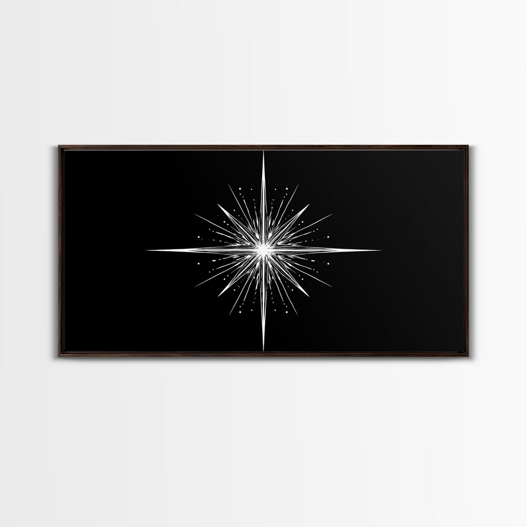 Bright North Star Wall Art, Black And White Celestial Burst Print, Minimal Geometric Poster, Modern Nautical Office Decor