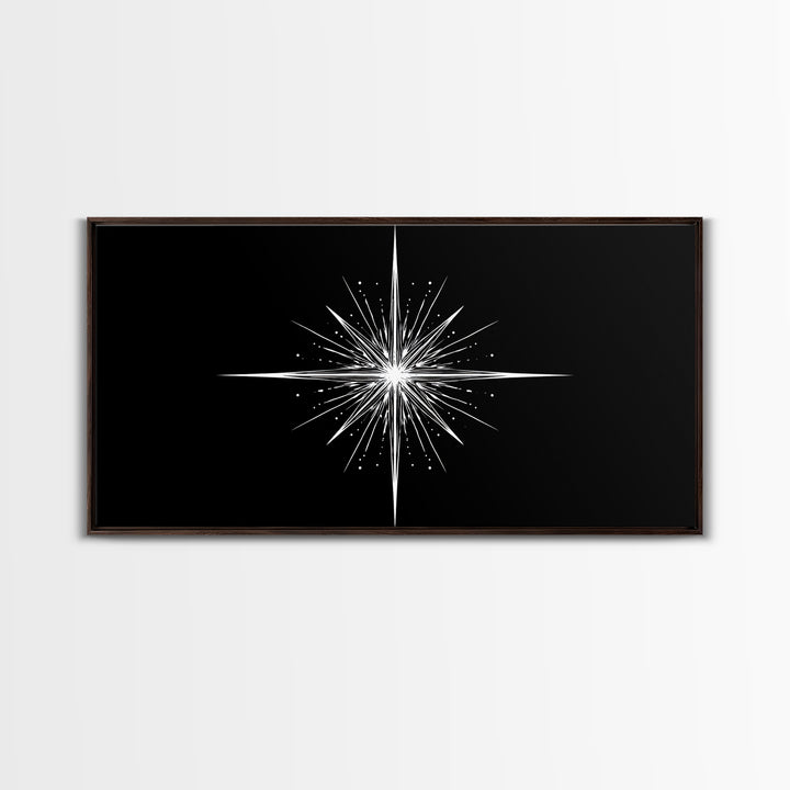 Bright North Star Wall Art, Black And White Celestial Burst Print, Minimal Geometric Poster, Modern Nautical Office Decor