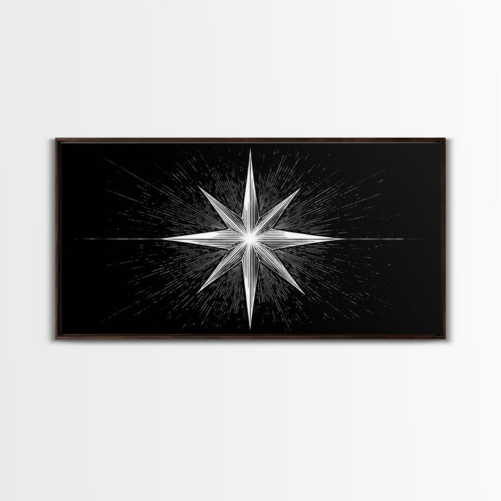 Exploding Compass Star Canvas Print, Black And White Celestial Wall Art, Geometric Nautical Poster, Modern Home Office Decor