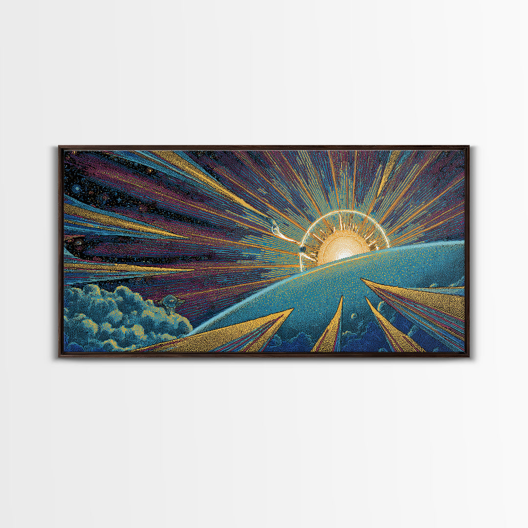 Radiant Sunrise Over Planet Wall Art, Modern Abstract Art Print, Retro Sci Fi Poster, Space Abstract Art, Colorful MCM Decor