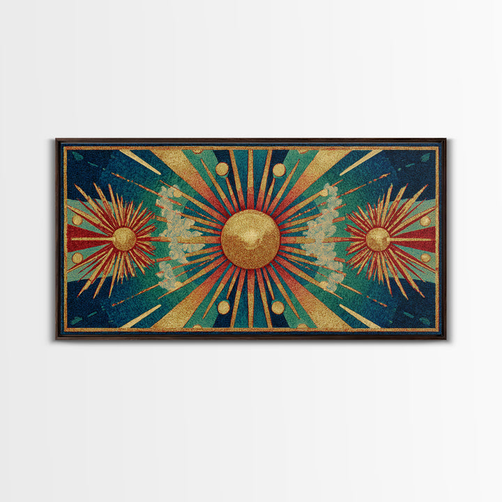 Teal Gold Art Deco Sunburst Wall Art, Midcentury Modern Art Print, Geometric Wall Decor, Retro Atomic Pattern Poster, MCM Home Decor