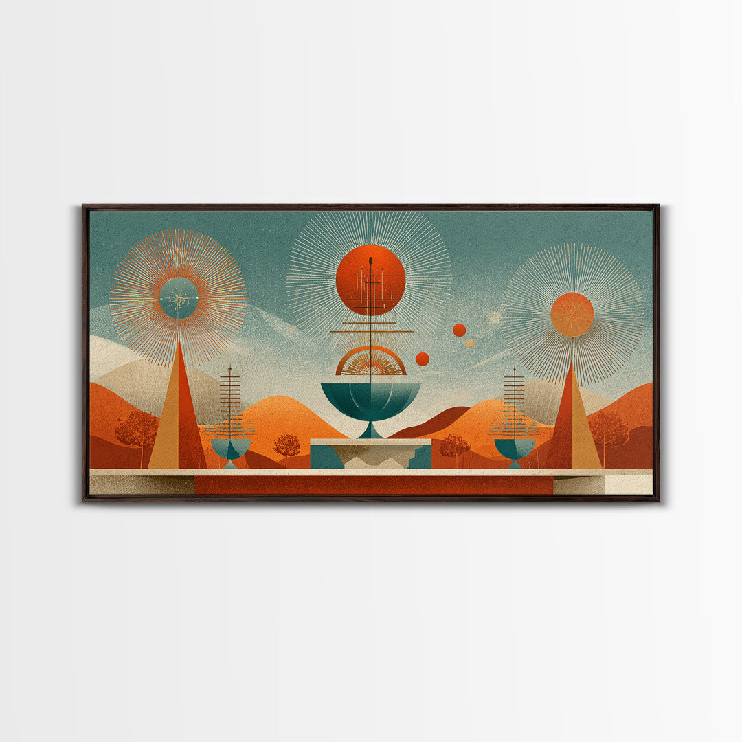 Desert Atomic Fountain Wall Art, Midcentury Modern Art Print, Palm Springs Decor, Orange Teal Geometric Poster, MCM Decor