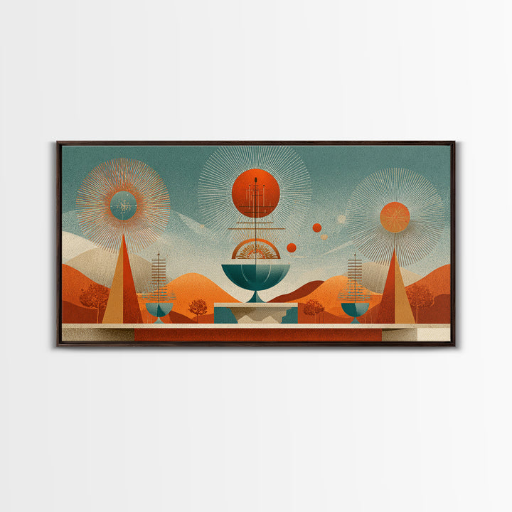 Desert Atomic Fountain Wall Art, Midcentury Modern Art Print, Palm Springs Decor, Orange Teal Geometric Poster, MCM Decor