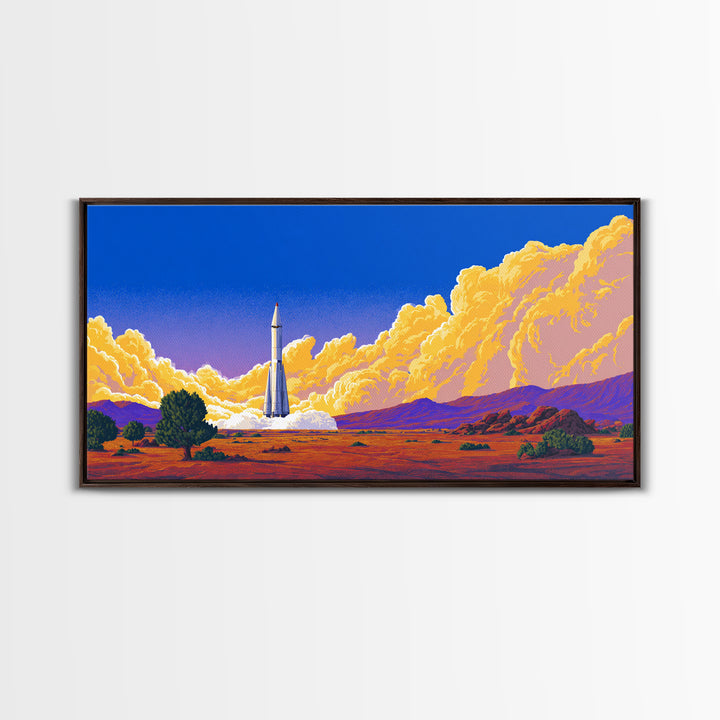 Desert Rocket Launch With Golden Clouds Framed Canvas Print, Retro Sci Fi Poster, Midcentury Modern Wall Art Decor, Gift