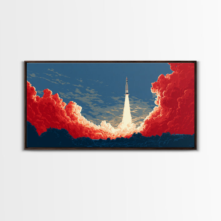 Rocket Launch Through Red Clouds Canvas Print, Retro Sci Fi Poster, Mid Century Modern Wall Art, Bold Space Decor Gift For Him