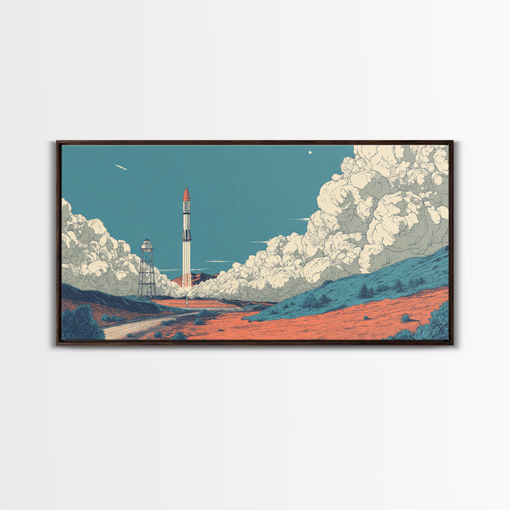 Moonlit Rocket Pad In Blue Desert Wall Art, Midcentury Modern Space Poster, Retro Sci Fi Print, MCM Office Decor Gift Idea
