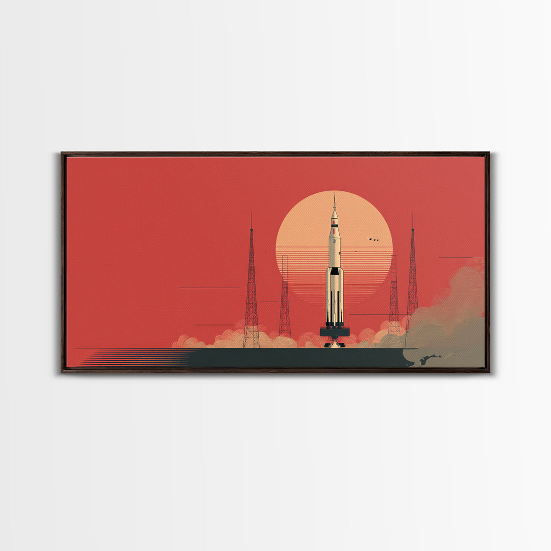 Rocket Launch With Coral Sun Canvas Print, Midcentury Modern Space Age Poster, Atomic Wall Art, Retro Home Decor Gift Idea