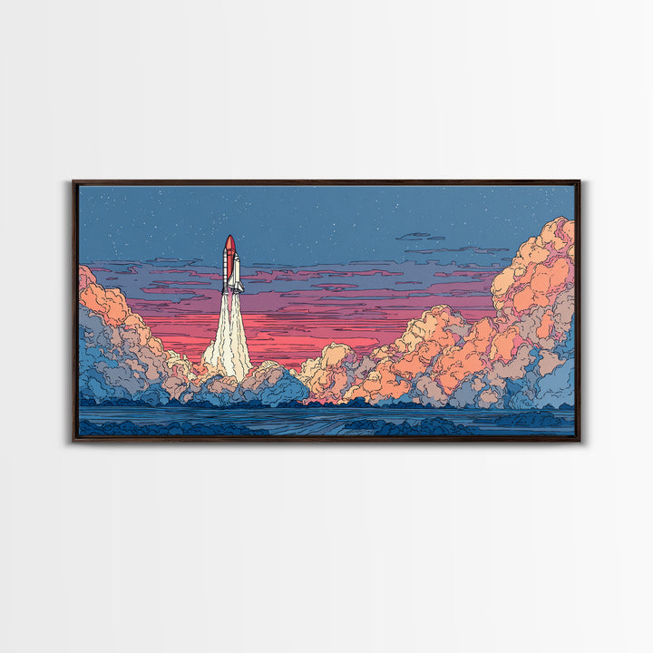 Twilight Rocket Launch Over Ocean Clouds Wall Art, Retro Sci Fi Poster, Mid Century Modern Print, Starry Space Decor Gift