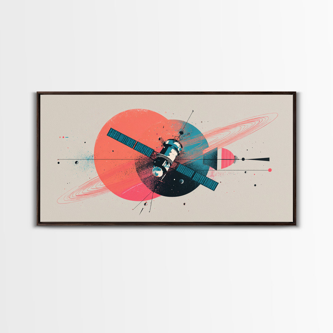 Abstract Satellite And Ringed Planet Wall Art, Midcentury Modern Space Poster, Retro Atomic Print, Modern Home Decor Gift