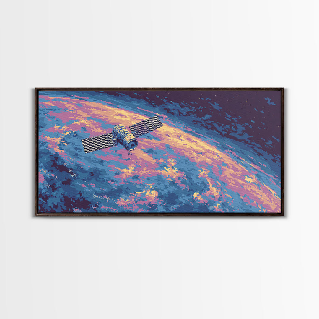 Pixel Satellite Above Colorful Earth Wall Art, Retro Sci Fi Space Poster, Modern Astronaut Decor, Cosmic Digital Art Print