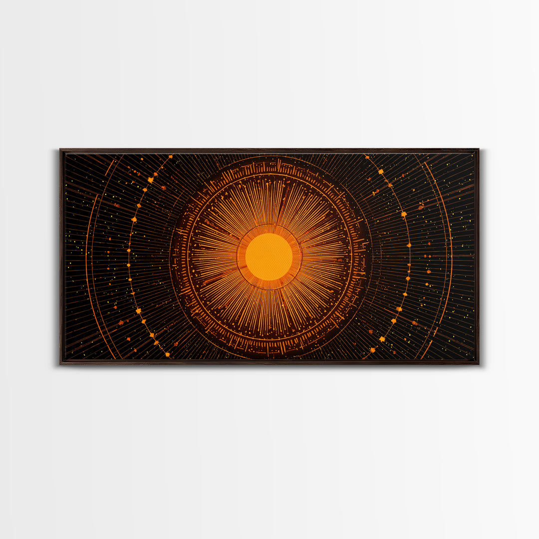 Orange Solar Mandala Interface Wall Art, Retro Sci Fi Circle Poster, Atomic Midcentury Modern Decor, Geometric Sun Print