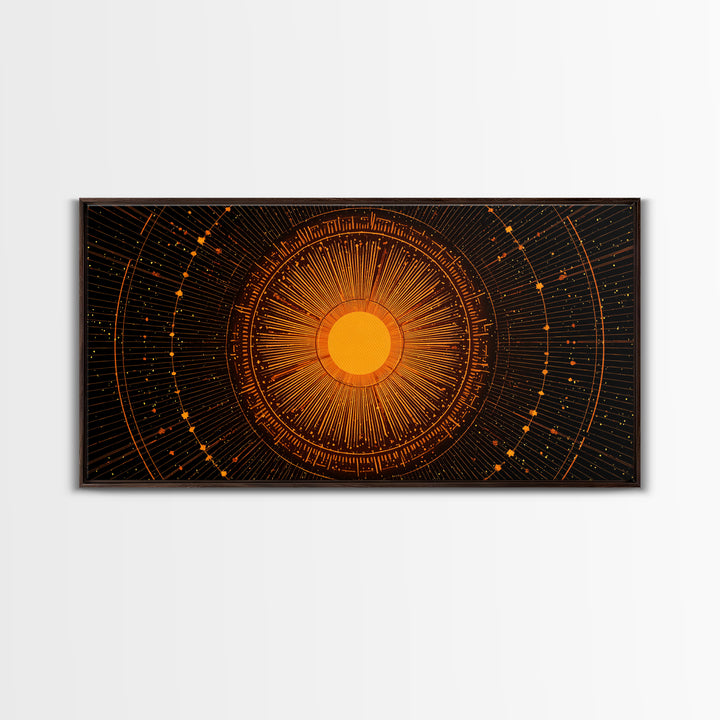 Orange Solar Mandala Interface Wall Art, Retro Sci Fi Circle Poster, Atomic Midcentury Modern Decor, Geometric Sun Print