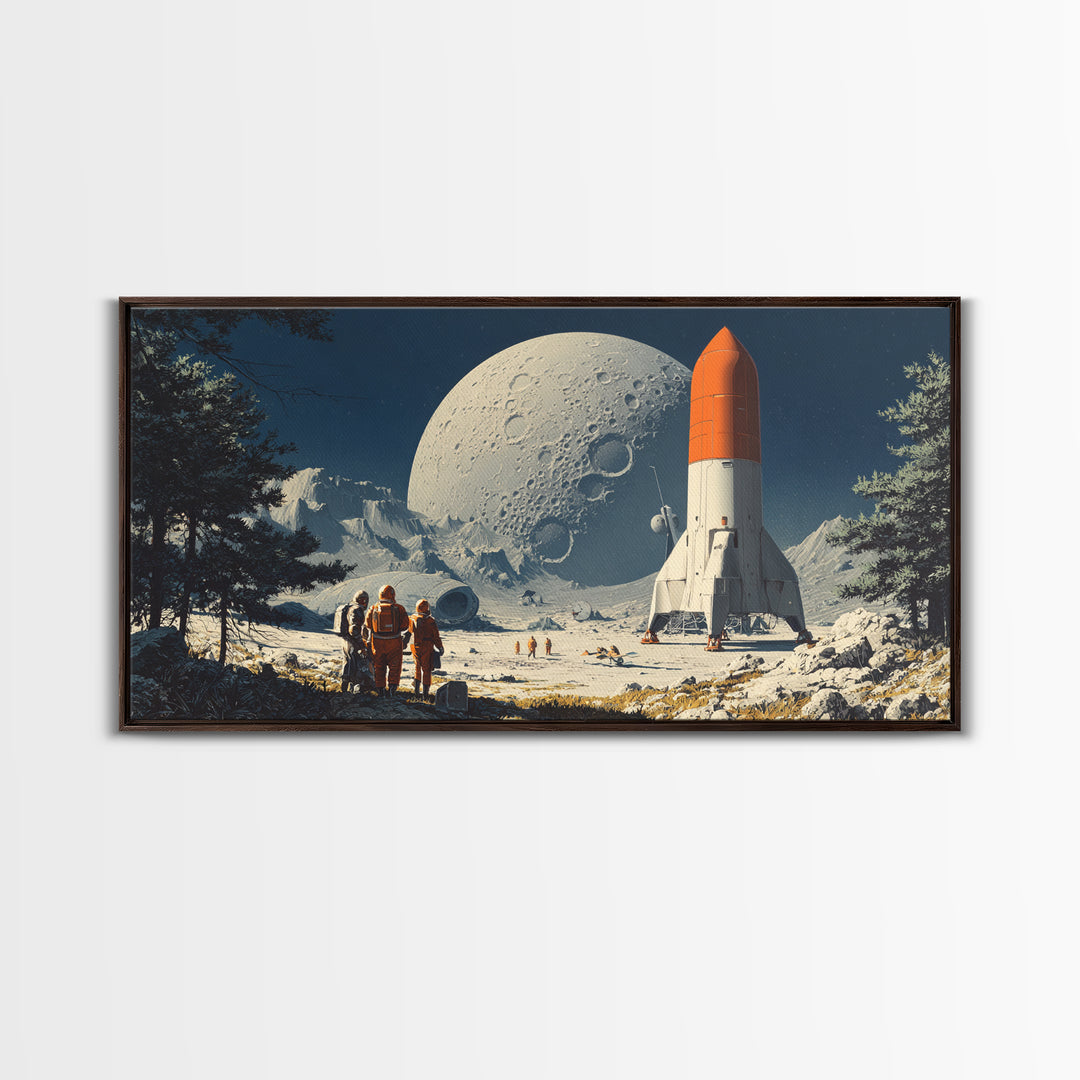 Moon Base Astronauts With Orange Rocket Framed Canvas Print, Retro Space Wall Art, Sci Fi Lunar Landscape Poster Decor Gift