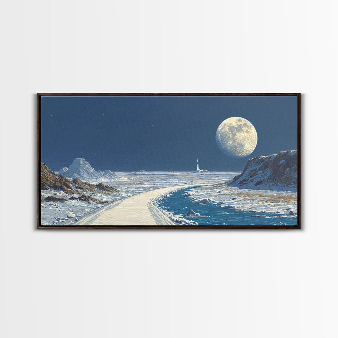 Blue Lunar Coastline With Full Moon Wall Art, Retro Sci Fi Landscape Poster, Space Travel Print, Modern Home Office Decor
