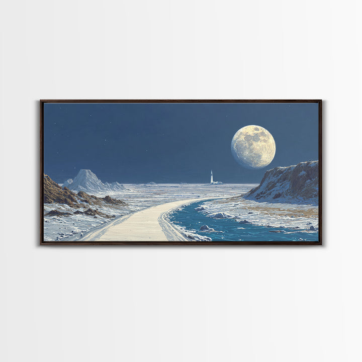 Blue Lunar Coastline With Full Moon Wall Art, Retro Sci Fi Landscape Poster, Space Travel Print, Modern Home Office Decor