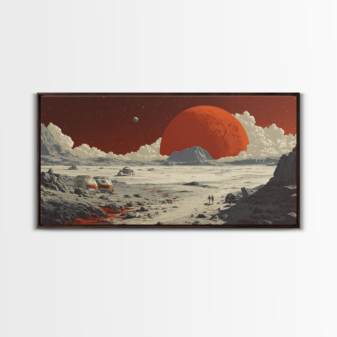 Red Planet Colony With Rovers Canvas Print, Retro Sci Fi Desert Landscape Wall Art, Mars Exploration Poster, Space Decor