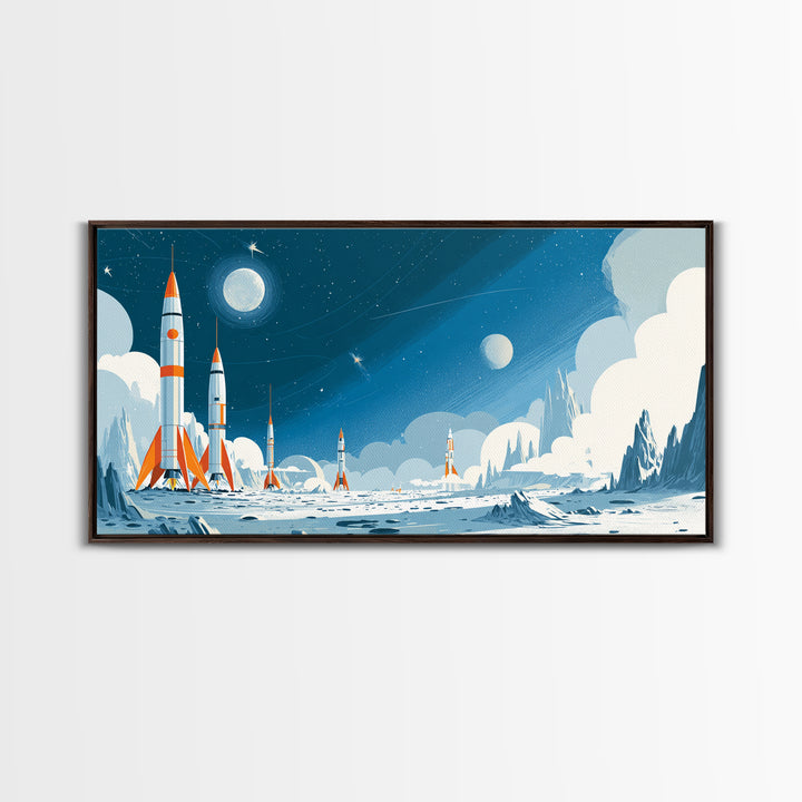 Whimsical Rocket Fleet On Icy Moon Wall Art, Retro Sci Fi Space Poster, Blue Nursery Decor, Midcentury Modern Print Gift