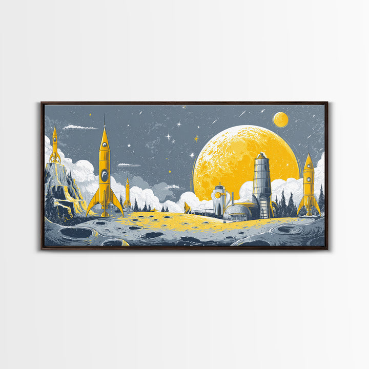 Yellow Lunar Colony With Retro Rockets Canvas Print, Midcentury Modern Space Wall Art, Moon Base Poster, Atomic Home Decor