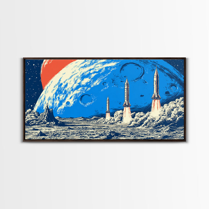Retro Sci Fi Rocket Launch On Blue Moon Canvas Print, Midcentury Modern Space Poster, Cosmic Wall Decor, MCM Artwork Gift