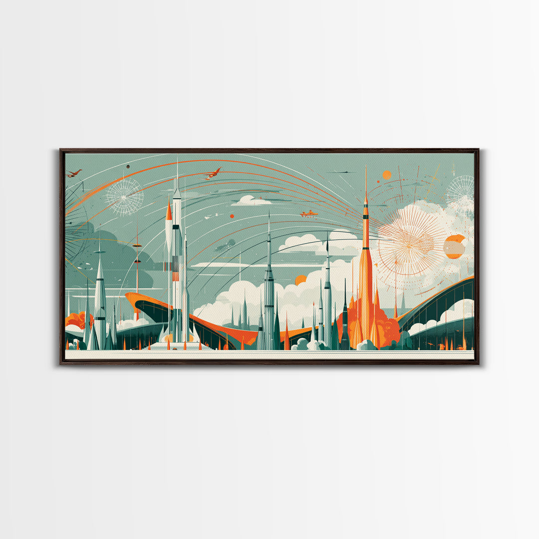 Retro Rocket City With Arcing Skies Canvas Print, Midcentury Modern Wall Art, Space Age Poster, Atomic MCM Home Decor Gift