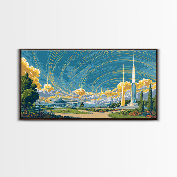 Utopian Spaceport Landscape With Golden Clouds Wall Art, Midcentury Modern Canvas Print, Retro Futurist Poster, MCM Decor