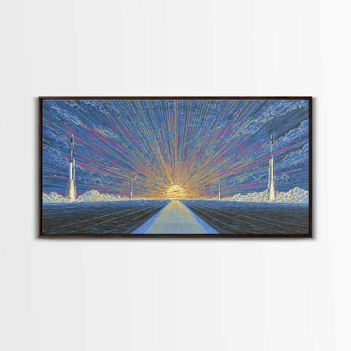Radiant Rocket Road At Spaceport Sunrise Wall Art, Midcentury Modern Canvas Print, Retro Futurist Poster, MCM Home Decor