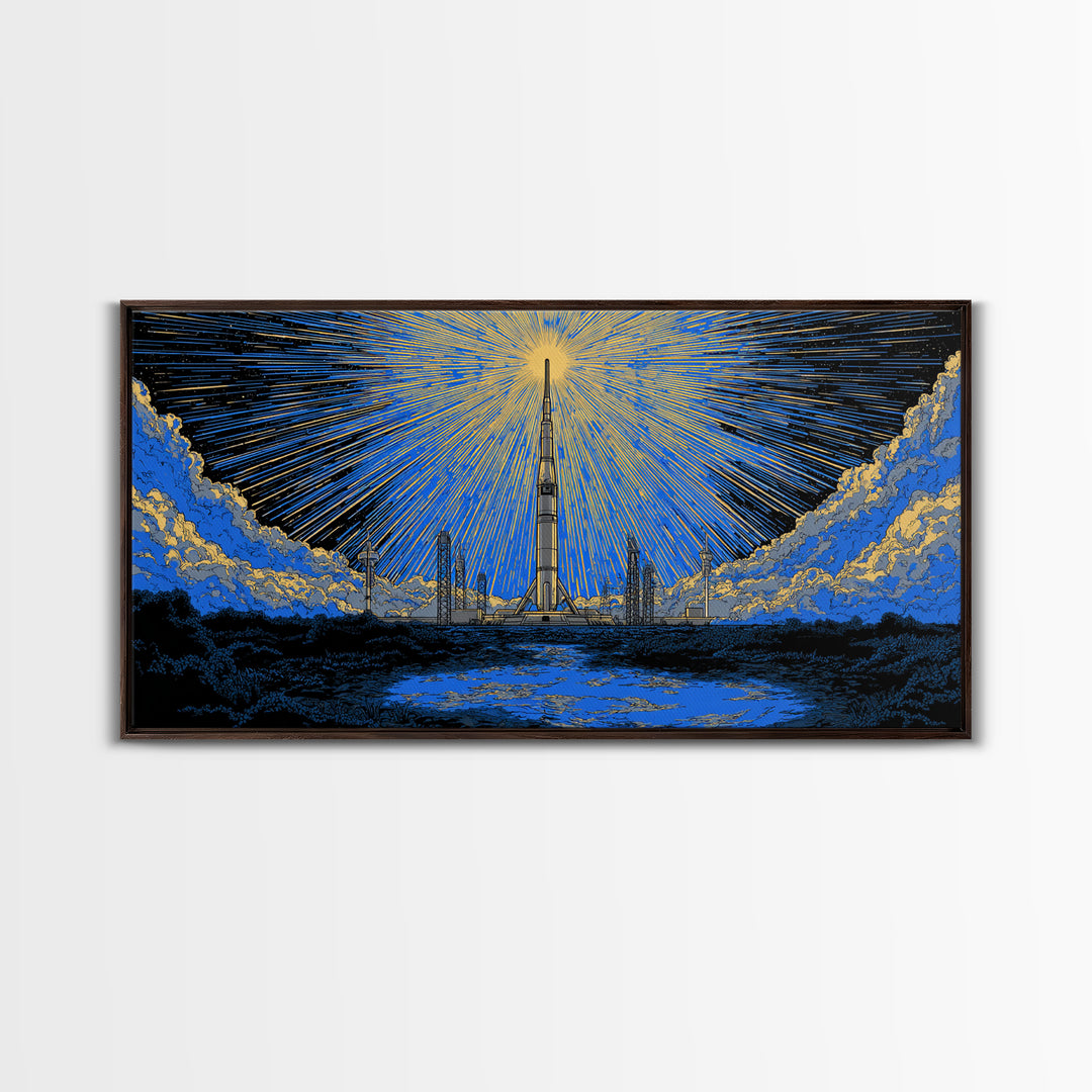 Rocket Launch Tower Beneath Starburst Sky Framed Canvas Print, Midcentury Modern Wall Art, Atomic Retro Space Decor Gift