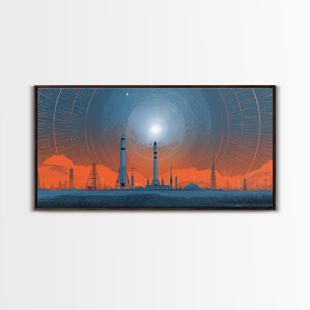 Orange Spaceport Skyline With Radiant Sun Wall Art, Midcentury Modern Canvas Print, Retro Futurist Poster, Industrial MCM Decor