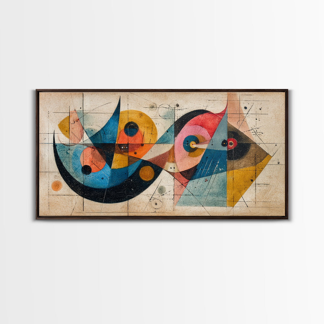 Abstract Bauhaus Fish Shapes In Teal Yellow Pink Wall Art, Midcentury Modern Canvas Print, Geometric Retro Decor, MCM Poster
