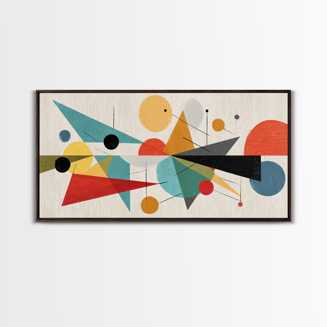 Playful Circles And Triangles Framed Canvas Print, Midcentury Modern Art, Colorful Geometric Wall Decor, Abstract Poster