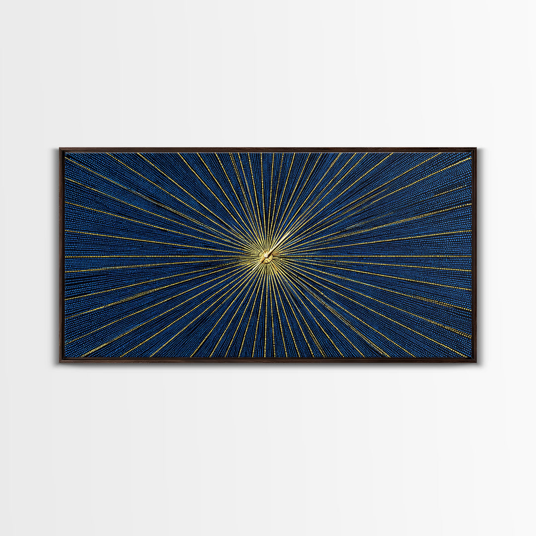 Blue Gold Radiating Op Art Wall Art, Midcentury Modern, Geometric Abstract Print, Atomic Sunburst, Modern Wall Decor, Living Room Art