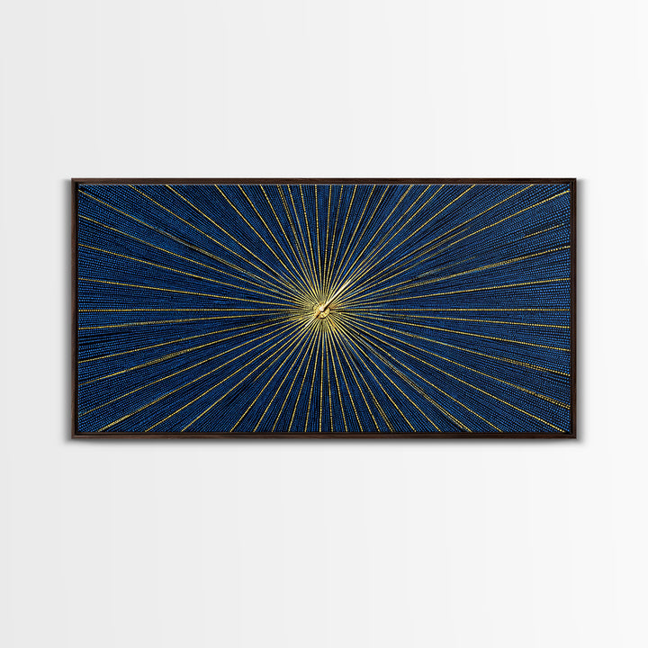 Blue Gold Radiating Op Art Wall Art, Midcentury Modern, Geometric Abstract Print, Atomic Sunburst, Modern Wall Decor, Living Room Art