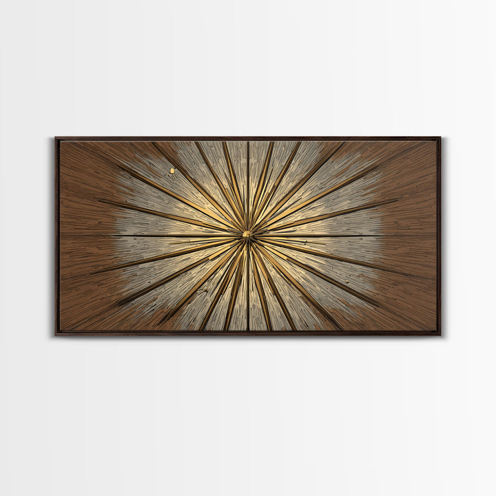 Brown Gold Woodgrain Sunburst Framed Canvas Print, Midcentury Modern Art, Neutral Wall Decor, Geometric Abstract Poster Art