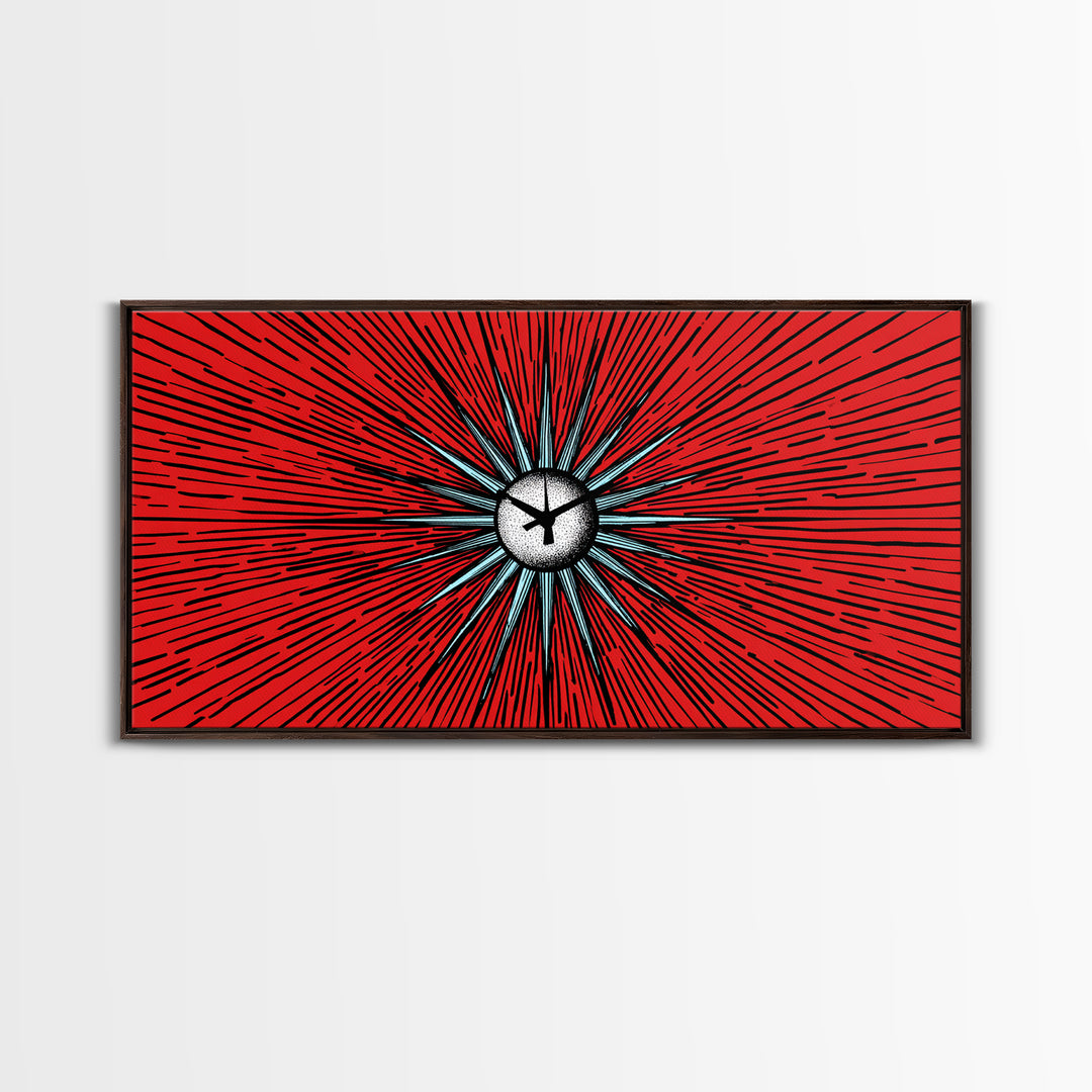 Red Atomic Starburst Clock Wall Art, Mid Century Modern Decor, Retro Sci Fi Poster, MCM Abstract Print, Bold Office Decor