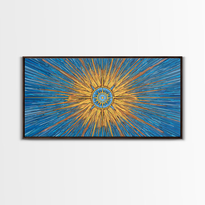 Blue Gold Solar Compass Canvas Print, Mid Century Modern Wall Decor, Atomic Sunburst Poster, Celestial Abstract Art, Office Decor