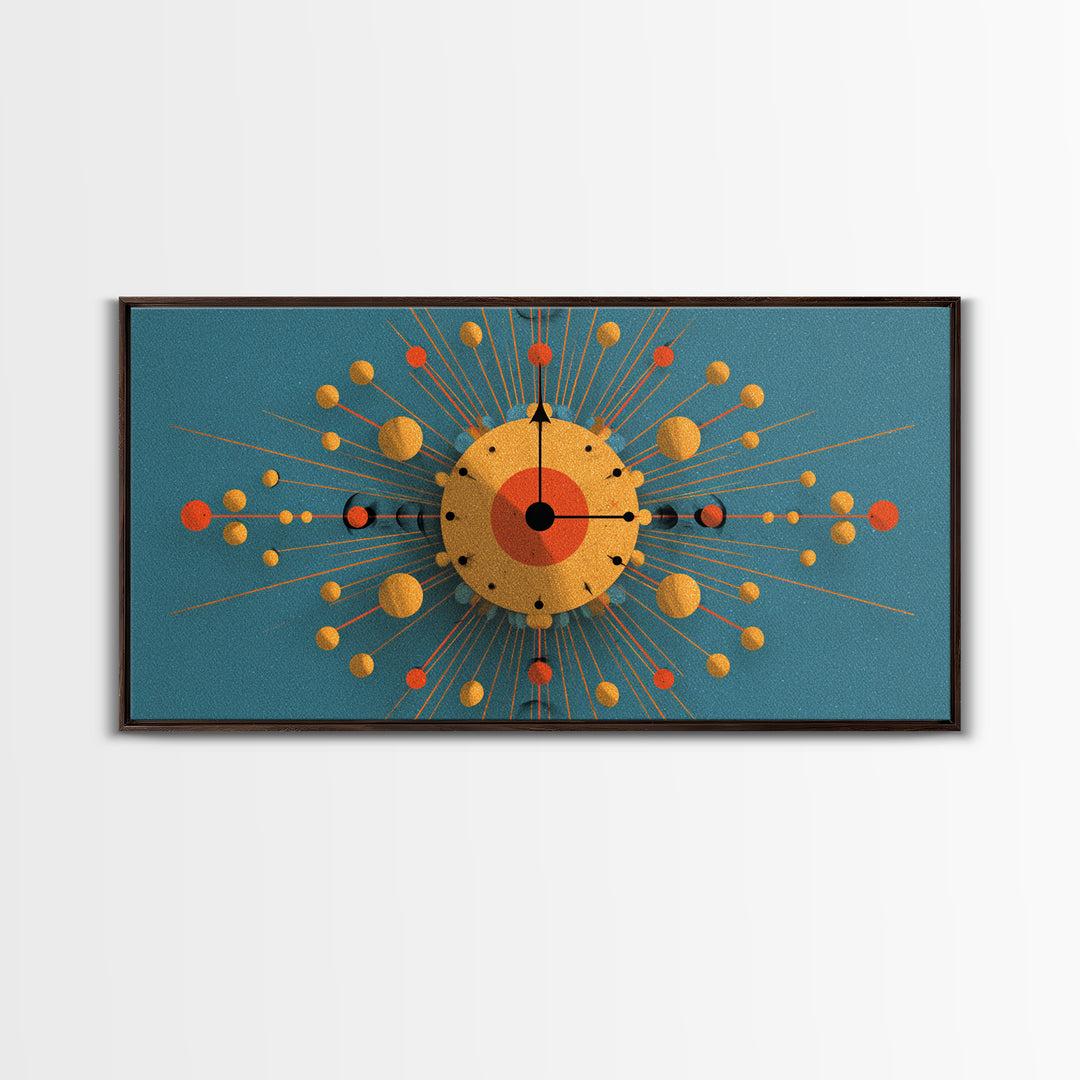 Teal Gold Atomic Clock Framed Canvas Print, Mid Century Modern Wall Art, Retro Space Age Poster, MCM Geometric Office Decor