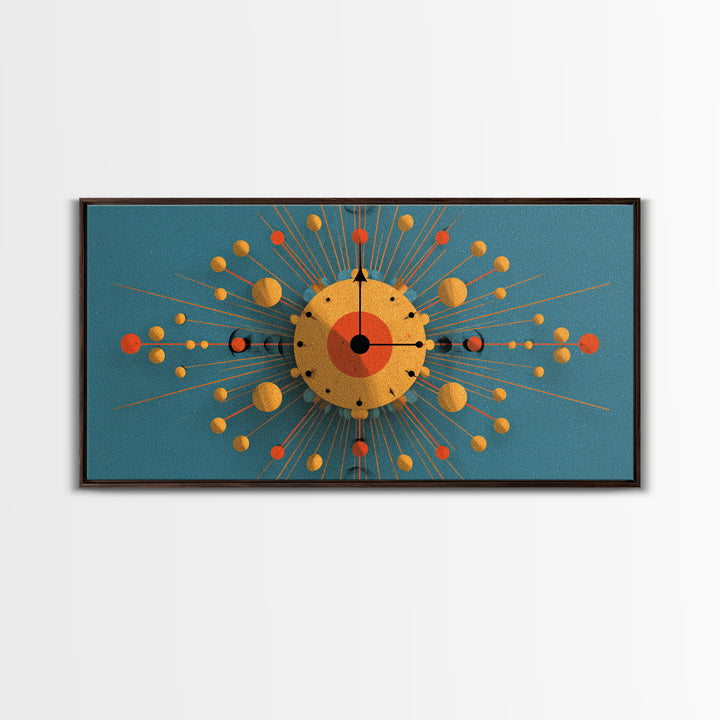 Teal Gold Atomic Clock Framed Canvas Print, Mid Century Modern Wall Art, Retro Space Age Poster, MCM Geometric Office Decor