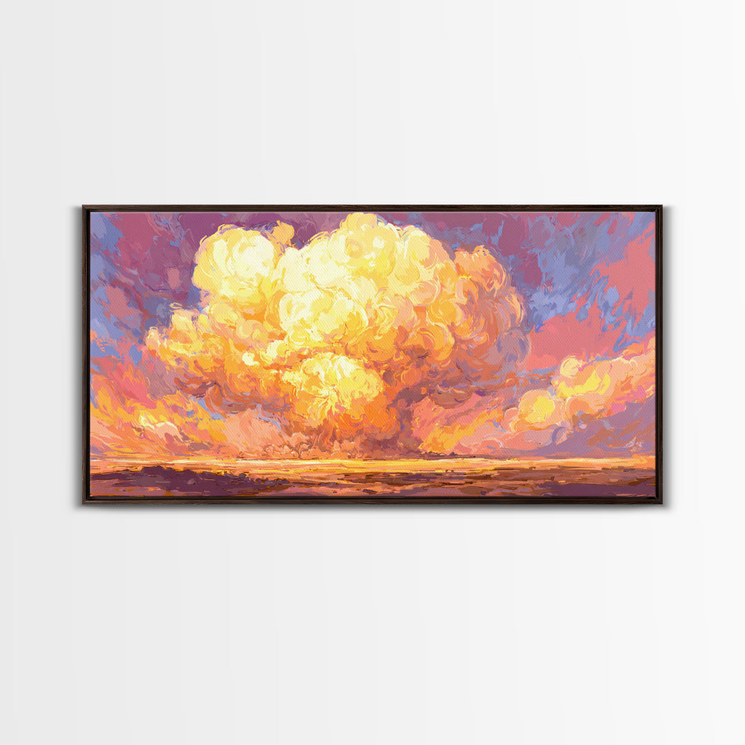 Glowing Desert Explosion Canvas Print, Retro Apocalypse Wall Art, Colorful Modern Art Poster, Dramatic Sunset Living Room Decor