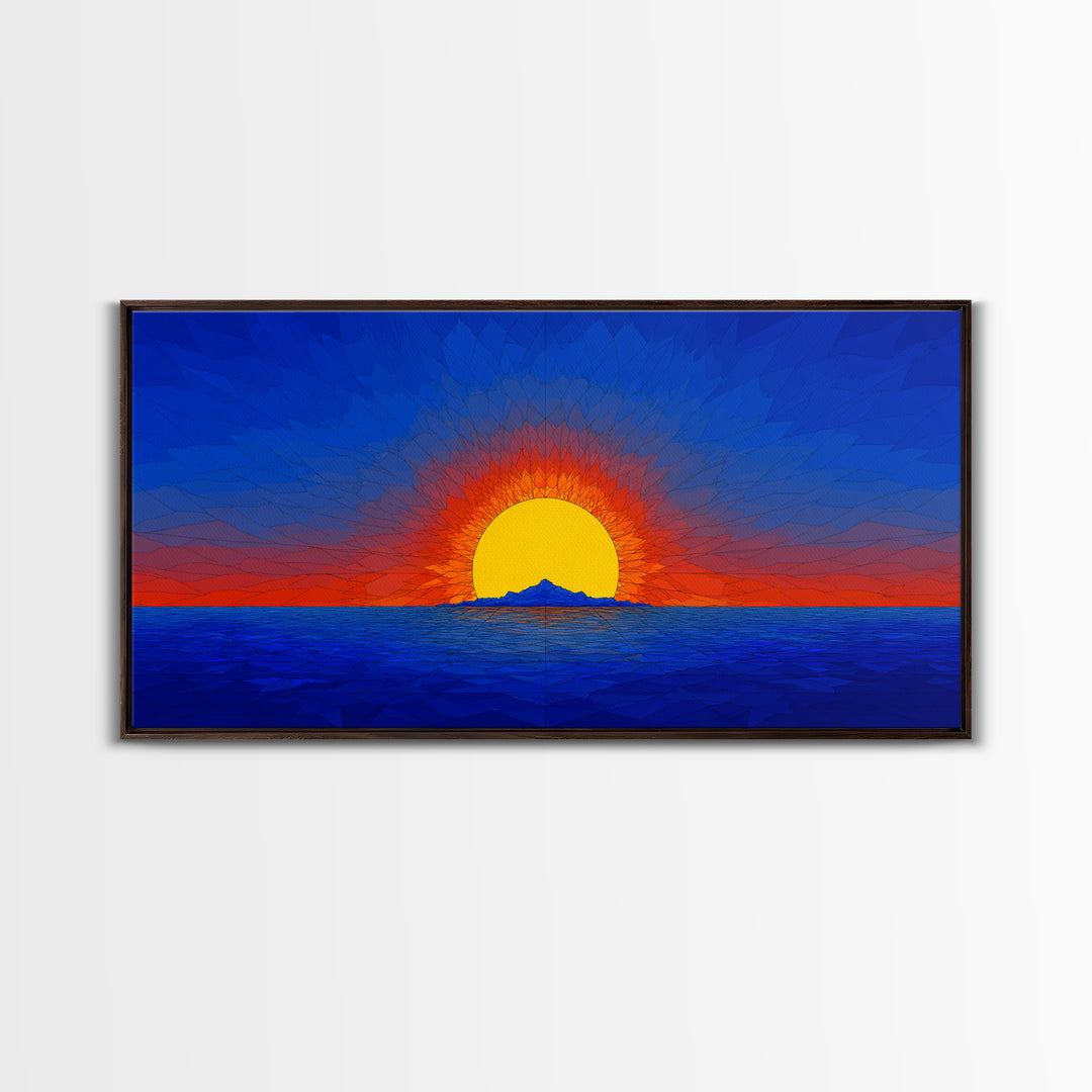 Geometric Ocean Sunset Wall Art, Mid Century Modern Landscape, Retro Sun Poster, Blue Orange Canvas Print For Coastal Decor