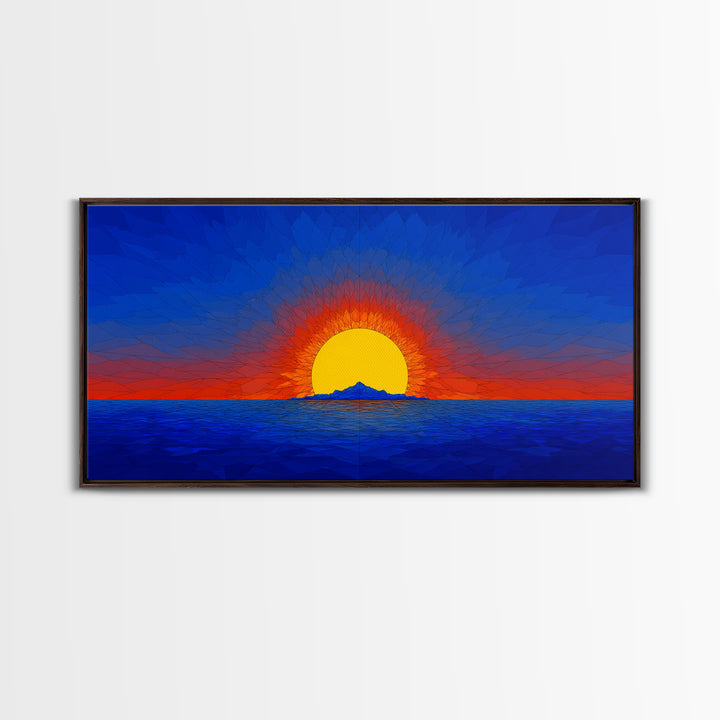 Geometric Ocean Sunset Wall Art, Mid Century Modern Landscape, Retro Sun Poster, Blue Orange Canvas Print For Coastal Decor