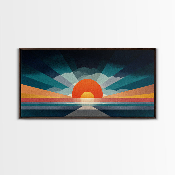 Retro Radiant Sunrise Wall Art, Mid Century Modern Geometric Poster, Abstract Desert Sun Canvas Print, Colorful Home Decor