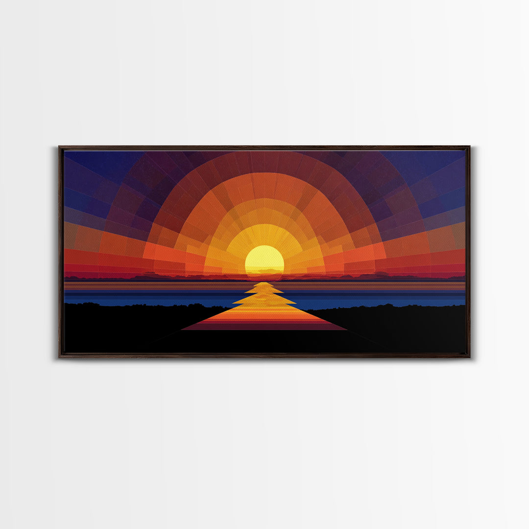 Geometric Sunset Over Ocean Path Wall Art, Mid Century Modern Abstract, Retro Sun Poster, Colorful Living Room Decor Print