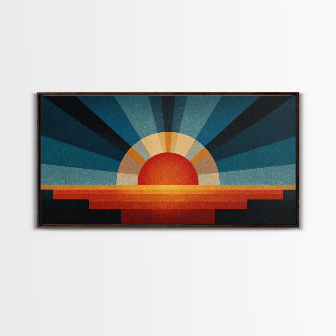 Textured Sun Rising Over Horizon Canvas Print, Mid Century Modern Abstract, Retro Wall Decor, Orange Blue Living Room Art