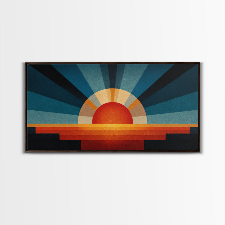 Textured Sun Rising Over Horizon Canvas Print, Mid Century Modern Abstract, Retro Wall Decor, Orange Blue Living Room Art