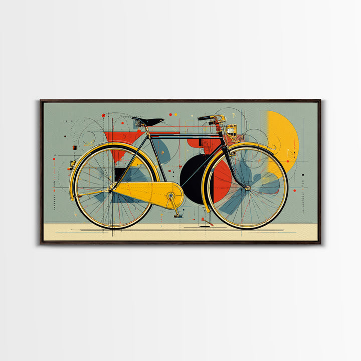 Classic City Bicycle With Abstract Circles Framed Canvas Print, Mid Century Modern Wall Art, Retro Bike Poster, Studio Decor