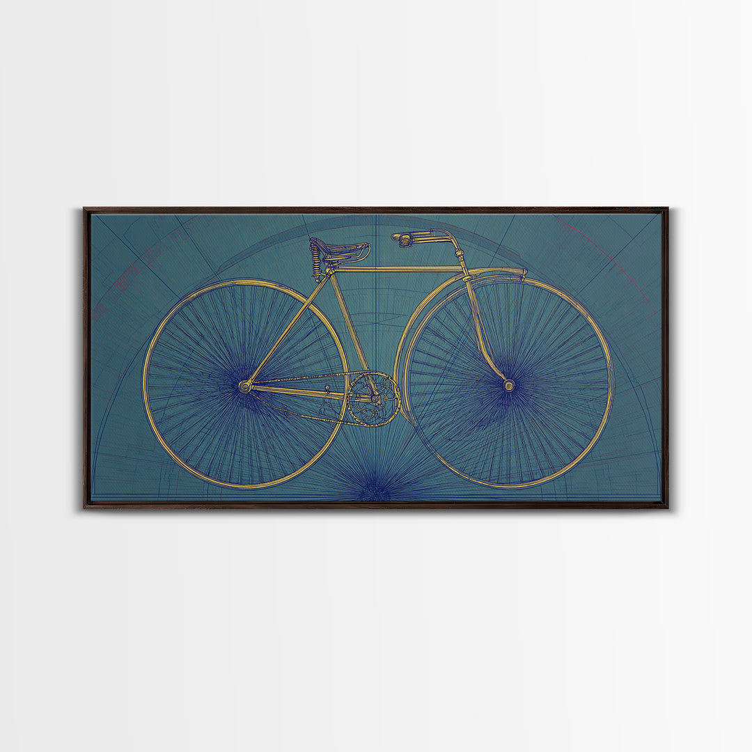 Technical Line Drawing Bicycle On Blue Framed Canvas Print, Mid Century Modern Art, Retro Cycling Poster, Home Office Decor