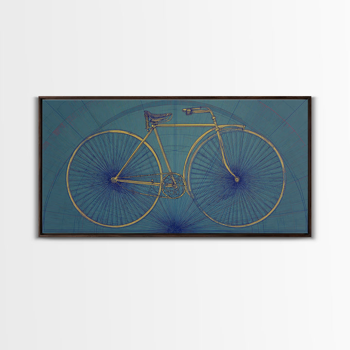 Technical Line Drawing Bicycle On Blue Framed Canvas Print, Mid Century Modern Art, Retro Cycling Poster, Home Office Decor