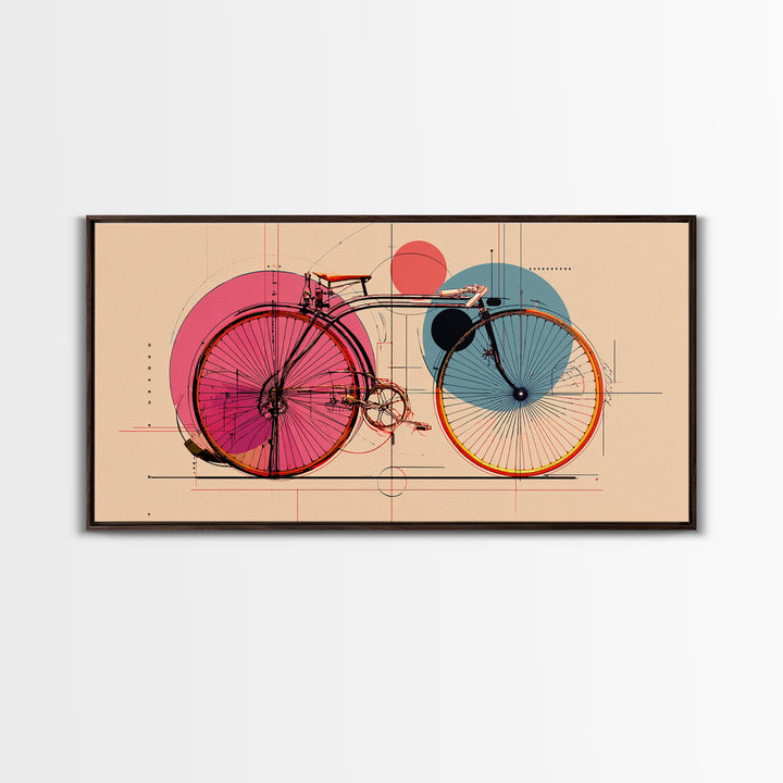 Retro Bicycle With Pink Blue Circles Canvas Print, Mid Century Modern Wall Art, Geometric Poster, Colorful Apartment Decor